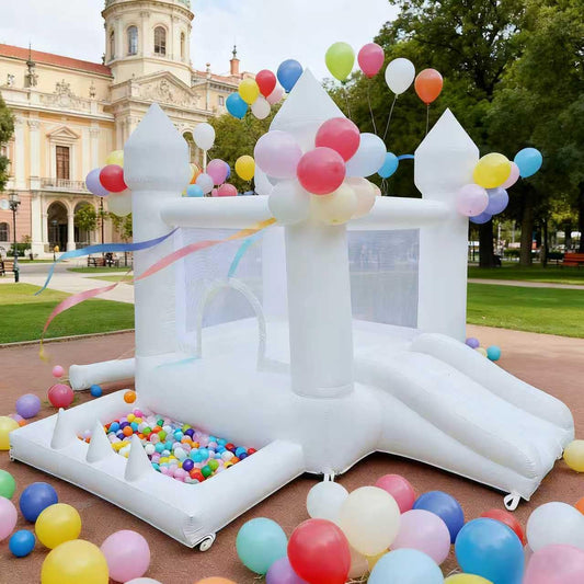 Aevumgz White Bounce House with ball pool and slide for active, imaginative play.