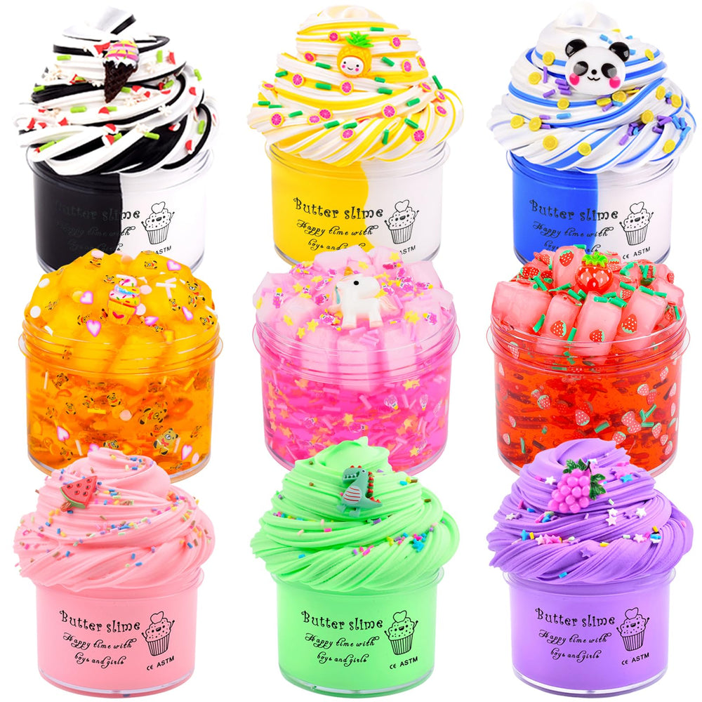 Aeyiakov 9-pack slime kit in colorful packaging for easy gifting and storage.