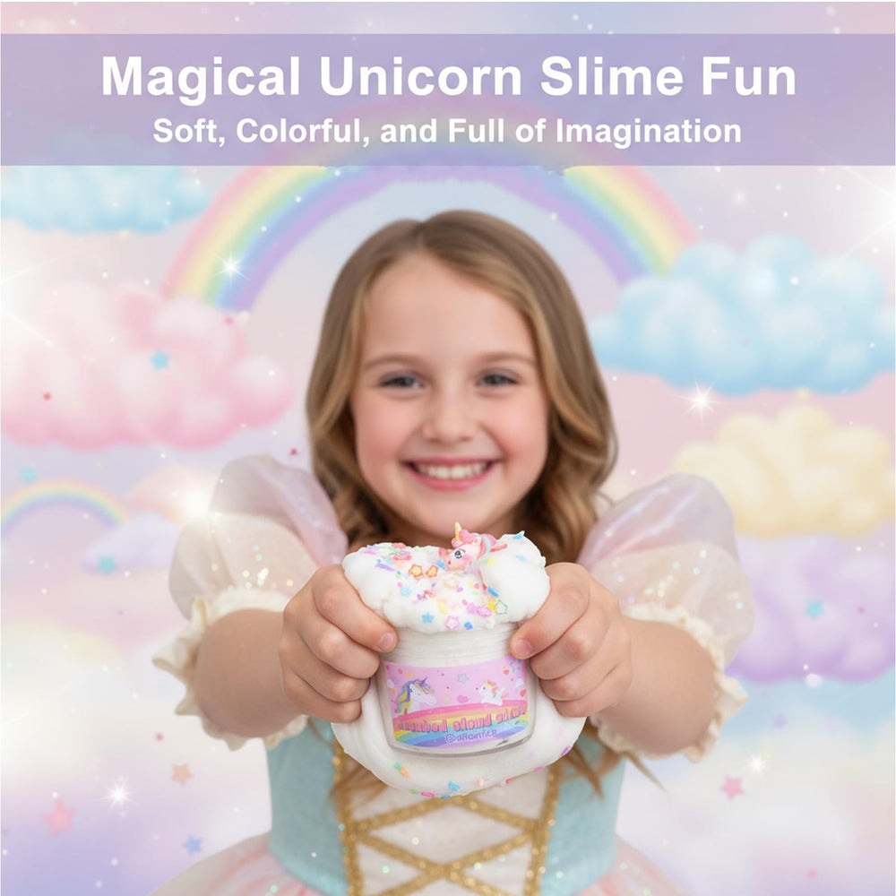 Afofall Unicorn Cloud Slime swirl in a jar showing stretchable texture