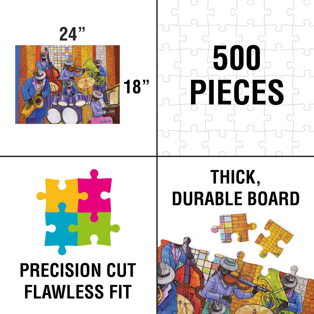 African American Expressions 500-piece Jazz Puzzle being assembled, ideal relaxing pastime with friends.