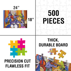 African American Expressions 500-piece Jazz Puzzle being assembled, ideal relaxing pastime with friends.