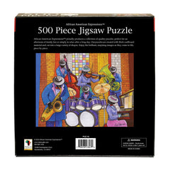 African American Expressions 500-piece Jazz Puzzle closeup pieces, highlights colorful imagery for inspiration.