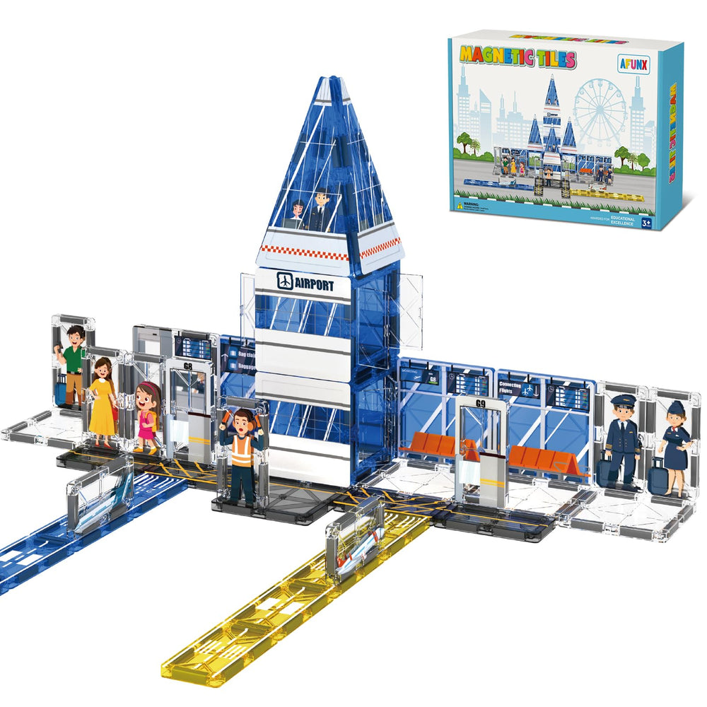 AFUNX magnetic tiles airport terminal for imaginative play and early STEM exploration.