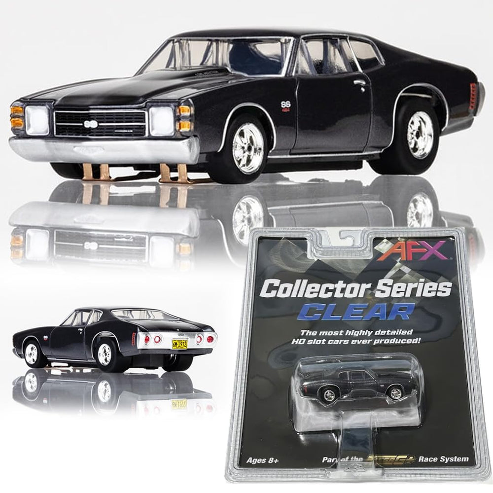 AFX Mega-G+ 1972 Chevelle SS454 black slot car with clear windows and photoreal interior on HO track