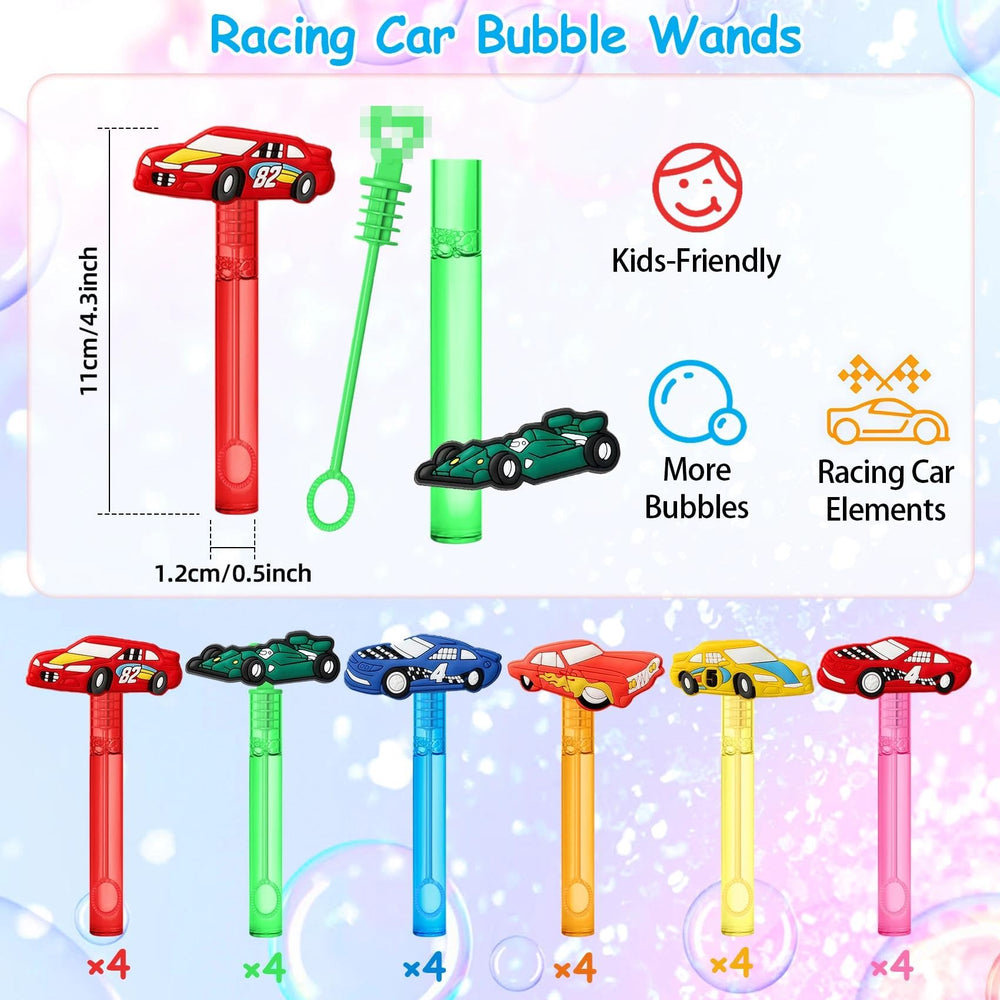 AFZMON Six Color Race Car Bubble Wands showing vibrant hues for kid-friendly fun