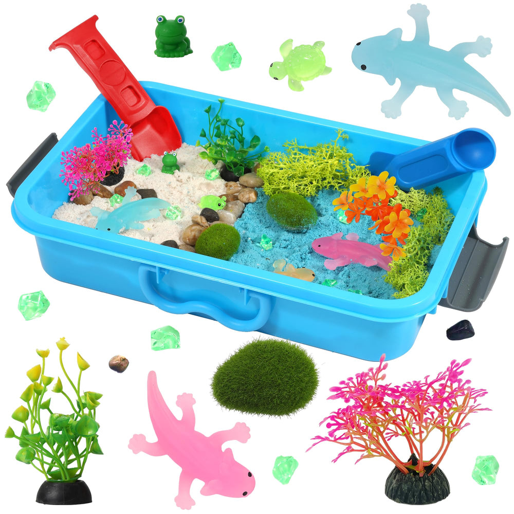 AgentLAN Axolotl Sensory Bin with figures for imaginative play.