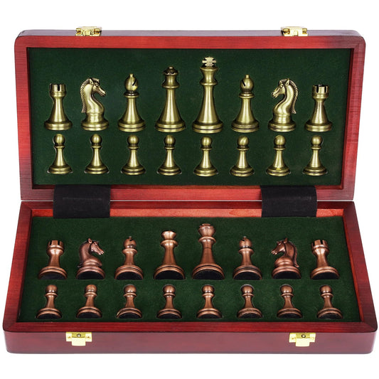 Agirlgle retro metal chess set with folding board for travel and home play.