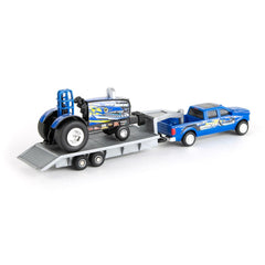 Agriculture Blue Barracuda puller with pickup truck and trailer for imaginative play.