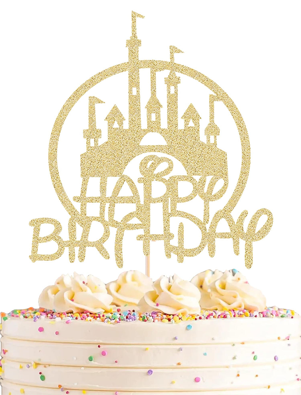 AHAORAY castle cake topper with gold glitter adds magical castle vibes to celebrations