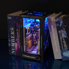Ahilmrn Book Nook on a shelf showcases cyberpunk decor with ambient glow.