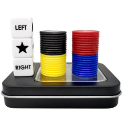 Ahoper left-right-center dice game set with dices and colorful chips for lively play.