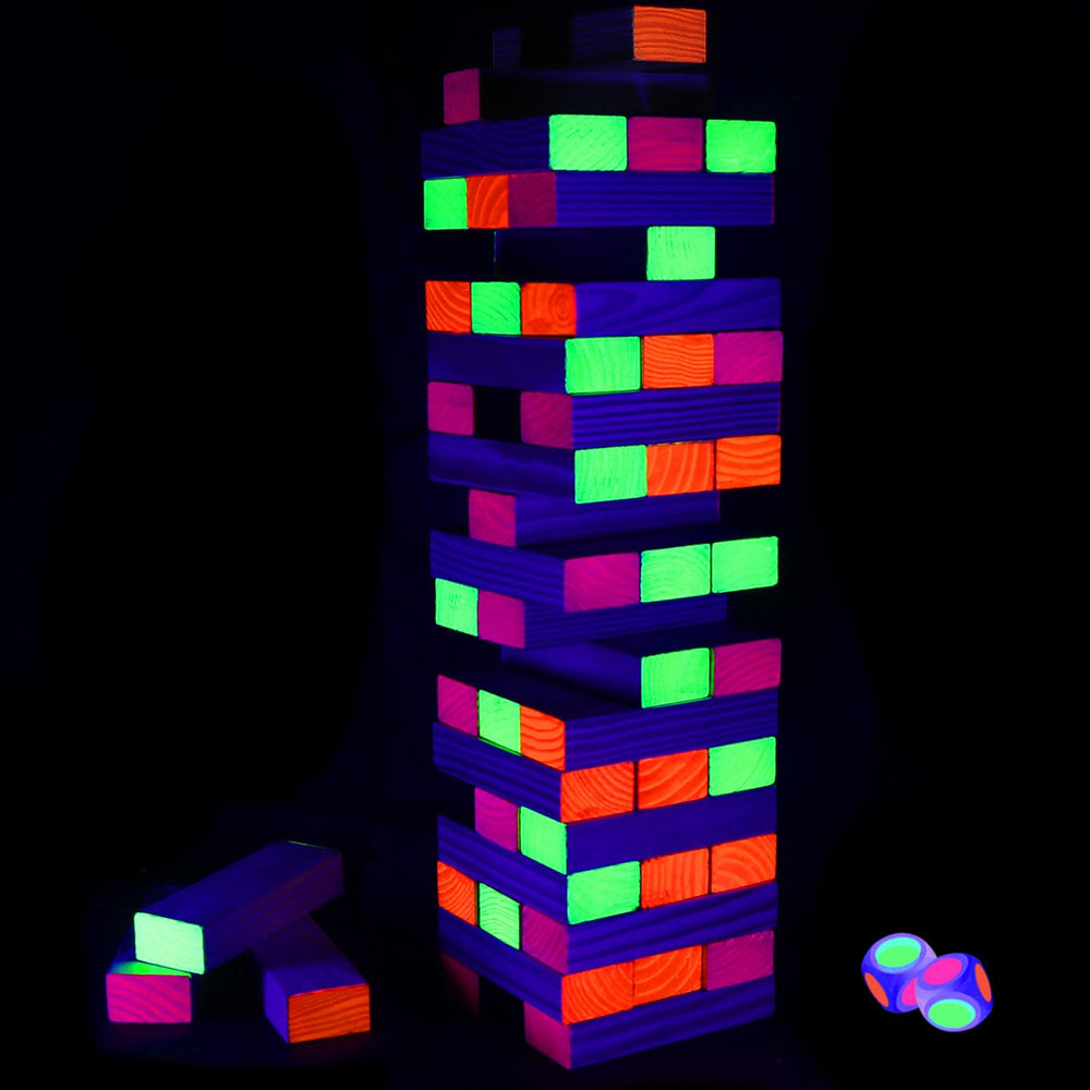 Ahuimeius 54-piece glow tumble tower blocks for vibrant nighttime play and family challenge