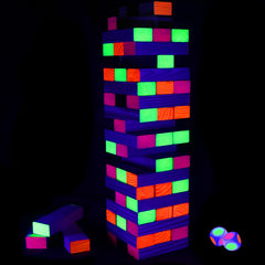 Ahuimeius 54-piece glow tumble tower blocks for vibrant nighttime play and family challenge