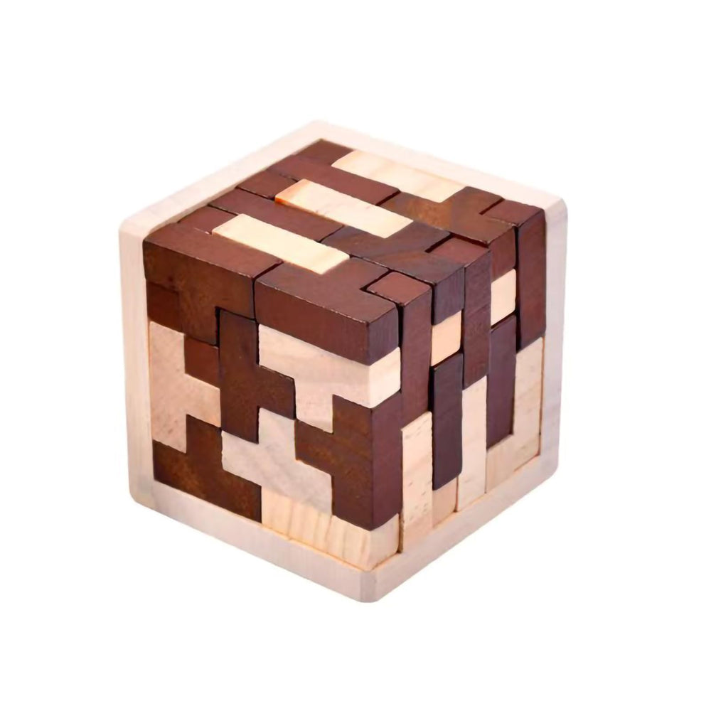 Ahyuan wooden brain teaser cube front view with smooth basswood finish for mindful play