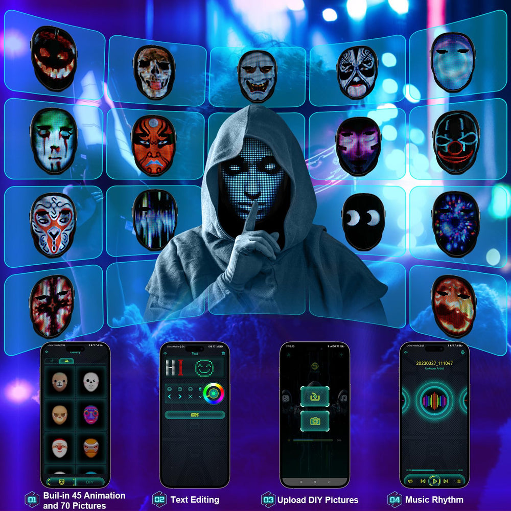 AIGLUN LED mask rechargeable battery offers long playtime for events.