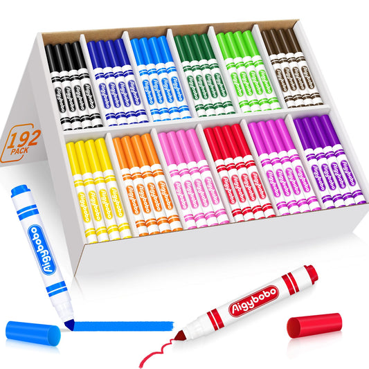 Aigybobo 192-count washable markers bulk in a front view showing color variety for classrooms