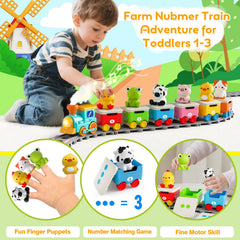 Aigybobo Toddler Train Set numbered barns show colors and numbers for sorting fun.