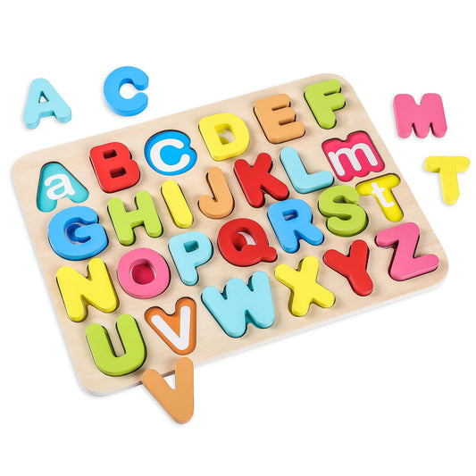 AILE toddler wooden alphabet puzzle board with colorful letters supports early recognition.
