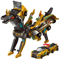 Aimery transforming dinosaur car toy with magnetic cars into a dragon for imaginative play.