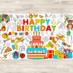 AinDen giant birthday coloring tablecloth on a table for collaborative art activity