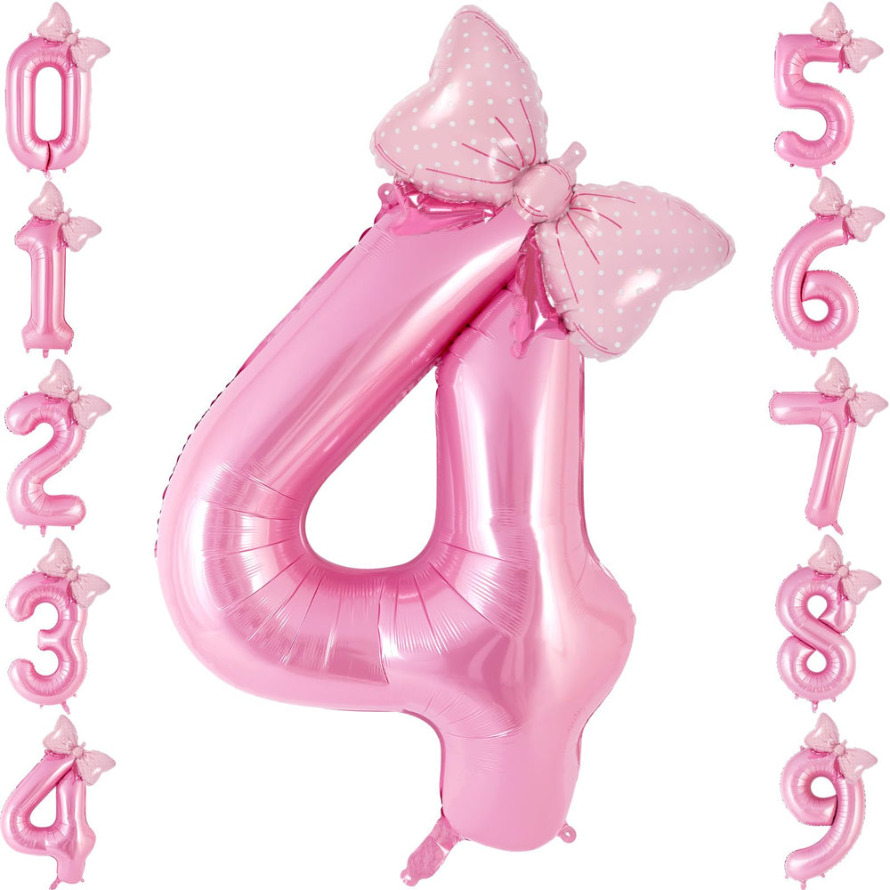 AIQINHU pink number 4 balloon with bow creates a bold birthday backdrop.