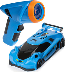 Air Hogs Zero Gravity Light Wall Racer gliding on a smooth wall with blue glow.