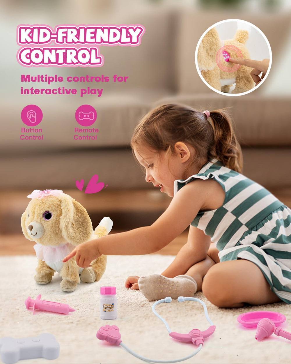 Airbition plush dog doctor costume enables caring role play scenarios.