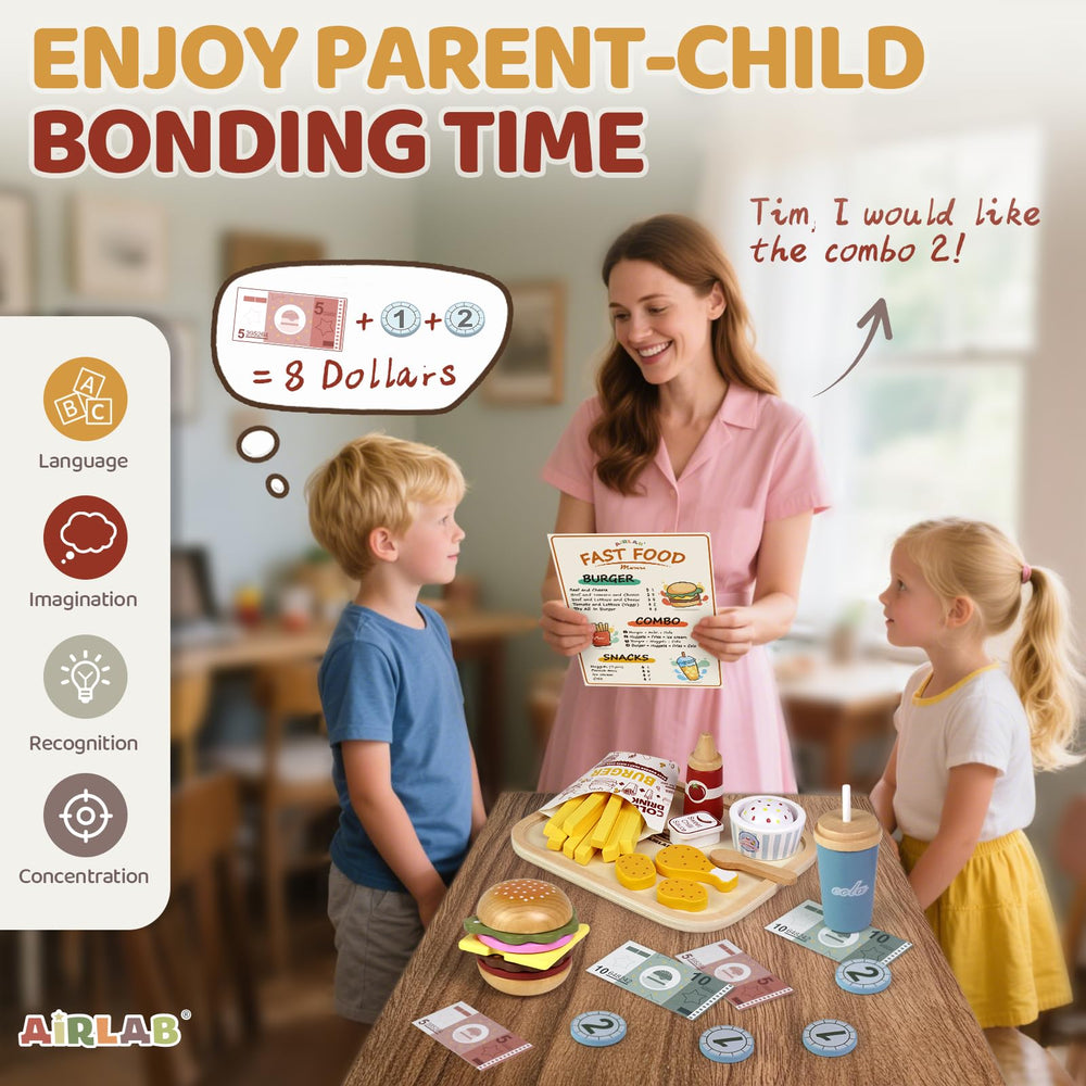 Airlab toddler interacting with wooden play food encourages screen-free play