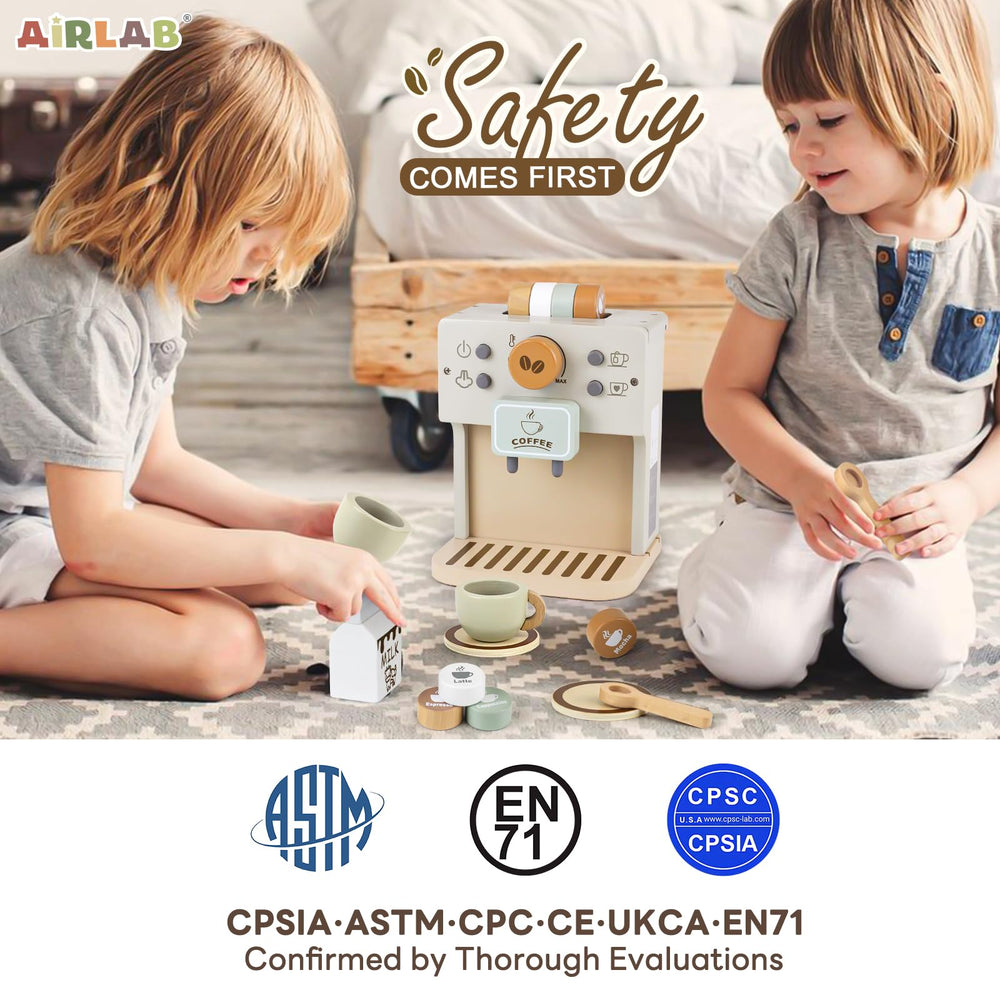 Airlab wooden coffee maker complements a decorative playroom setup.