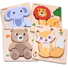 Airlab wooden bear-shape puzzle fosters fine motor skills during travel play.