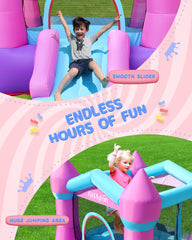 AirMyFun pink bounce house features durable, puncture-resistant materials.