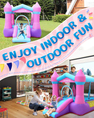 AirMyFun pink bounce house outdoors, quick and simple to set up.