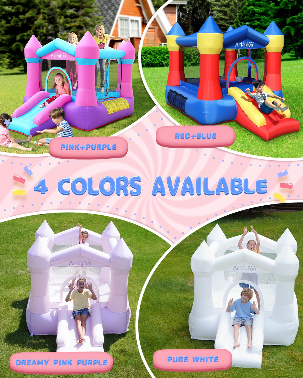 AirMyFun pink bounce house with slide for active, interactive play.