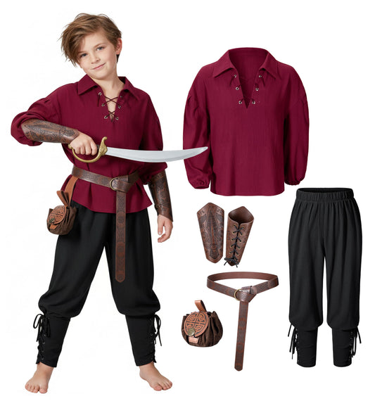 AITIPOO kids medieval tunic and pants set ready for cosplay in red and black