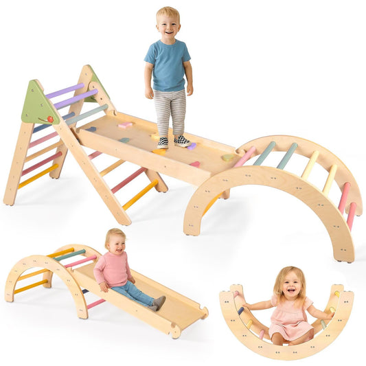 aiwo 7-in-1 Pikler triangle ladder provides a sturdy frame for safe toddler climbing