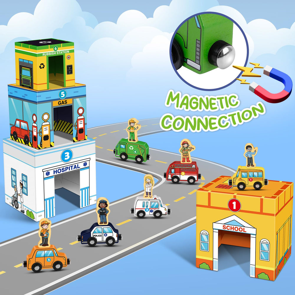 Aizweb magnetic wooden cars connect for city-building play