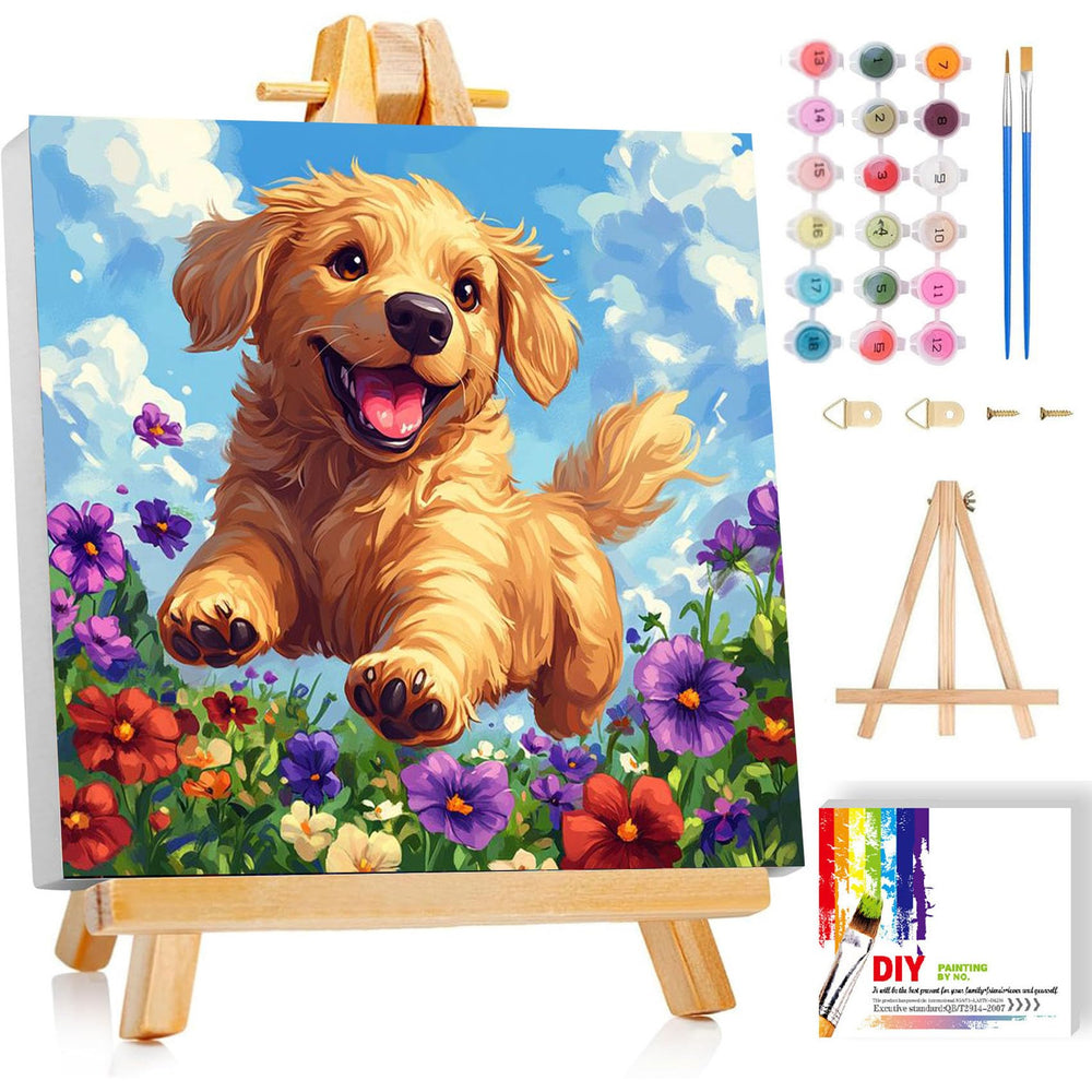 Ajepon dog paint by numbers kit framed for kid-friendly wall art.