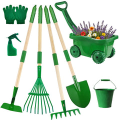 Aka Supaku kids wheelbarrow with tools ready for outdoor garden play.