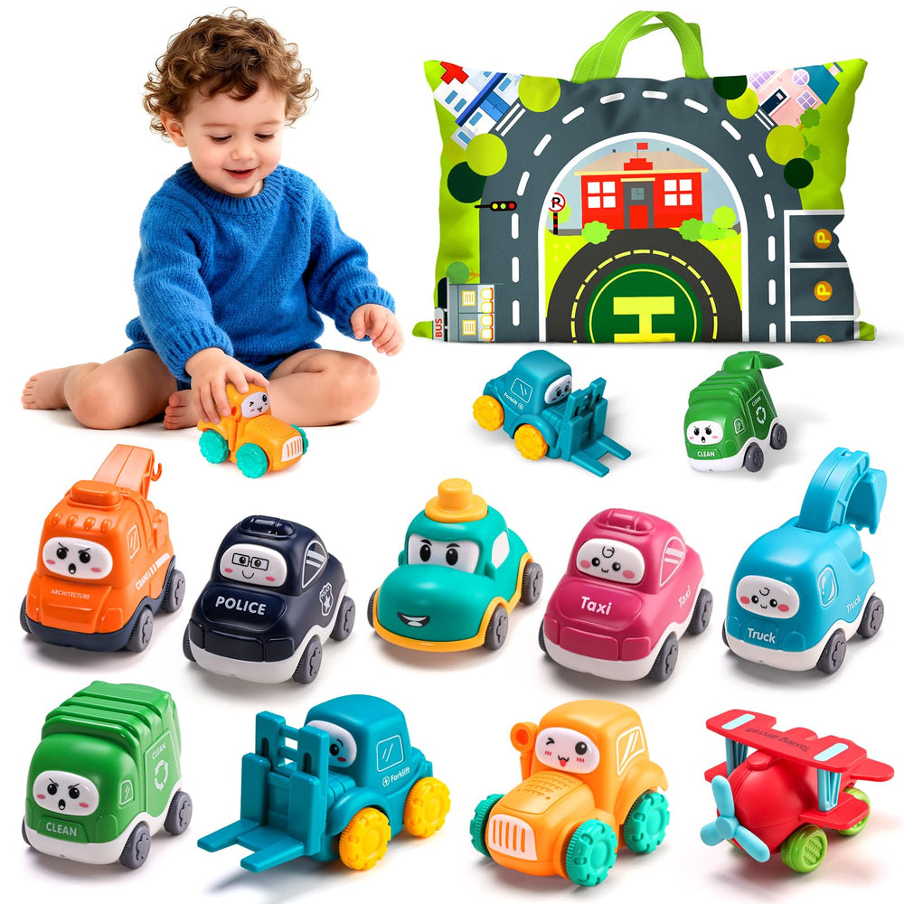 ALASOU 9-piece crane car toys on the playmat invite exploration and hands-on fun.