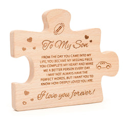 Alcarin To My Son wooden block puzzle on display for desk or shelf