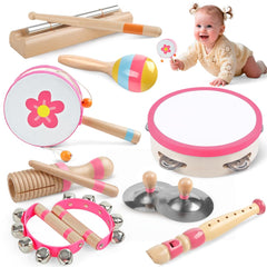 Aliex pink 8-in-1 Montessori instruments set, wooden xylophone for sensory play.