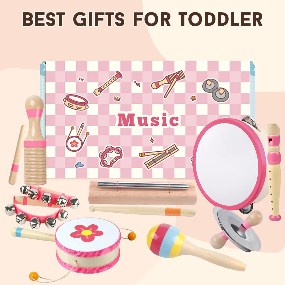 Aliex pink wooden drum adds steady rhythm practice for toddlers.