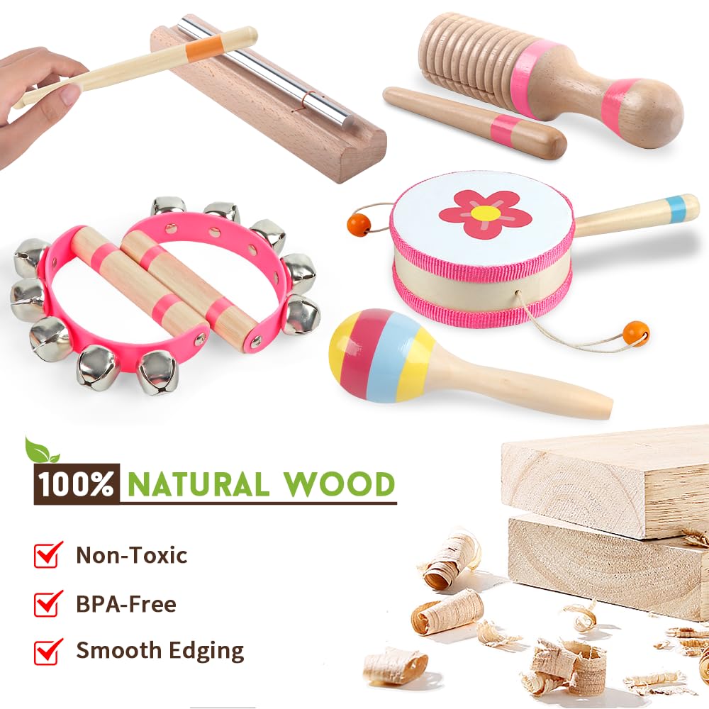 Aliex pink wooden rattle supports sensory awareness and early cause-effect learning.