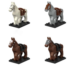 ALiquid minifigure horses arranged in a medieval scene for display