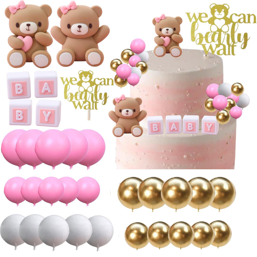 ALISSAR 32-piece bear cake toppers in pink for baby showers and birthdays
