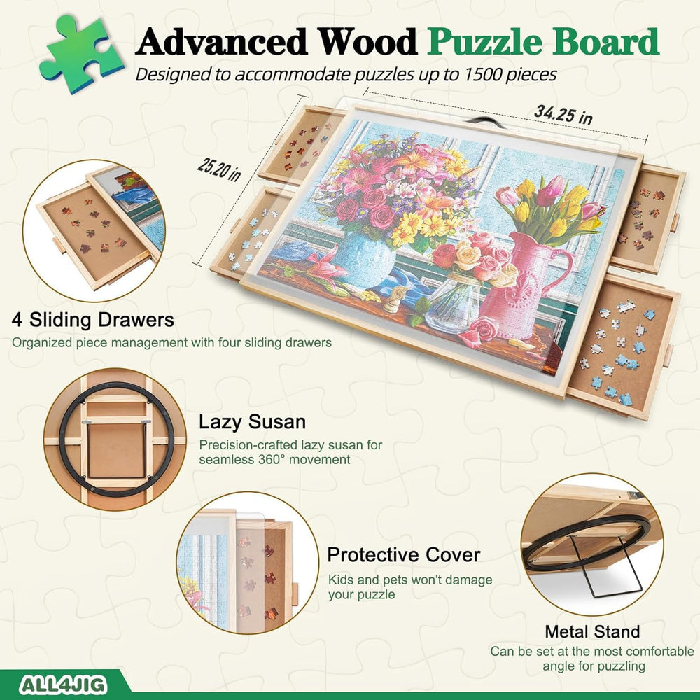 ALL4JIG puzzle board shows 34-2x25-2 inch footprint for ample workspace