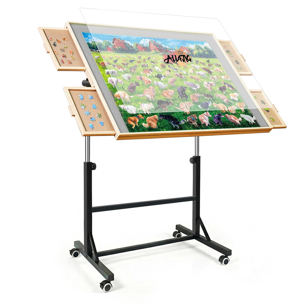 ALL4JIG puzzle table with legs and wheels for easy relocation during long puzzling sessions.