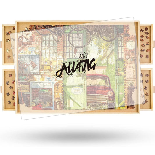 All4JIG rotating puzzle board with four drawers and cover keeps pieces organized during assembly.