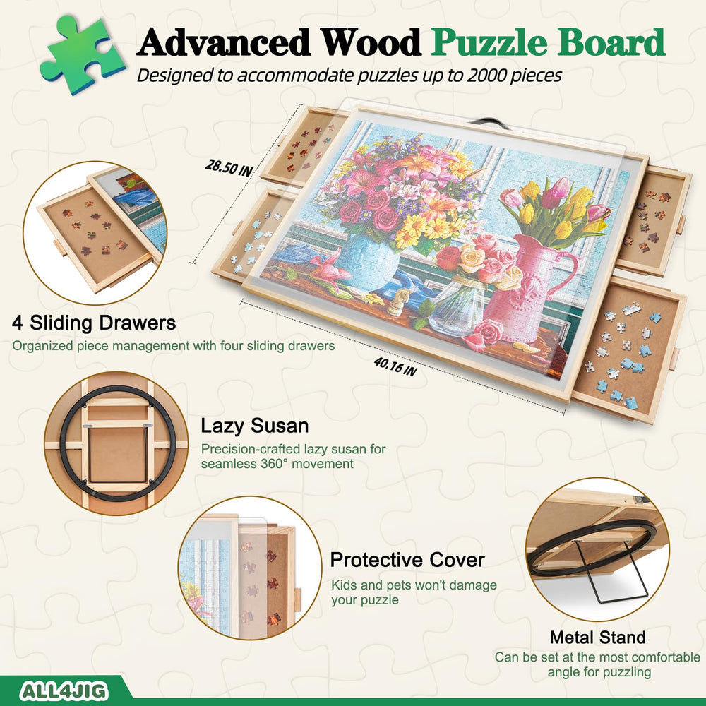 ALL4JIG tilting-angle adjustable puzzle board supports comfortable puzzling sessions.