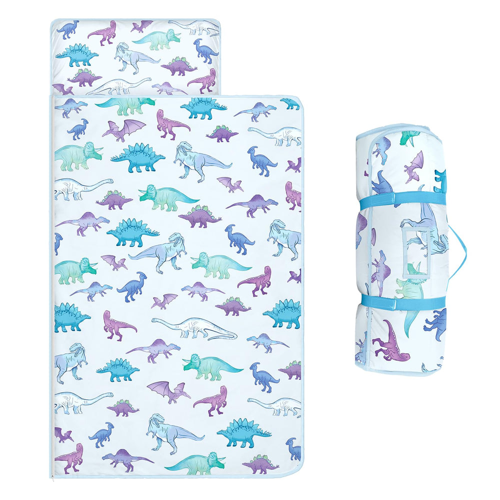 Alldomess Toddler Nap Mat blue dinosaur roll-up for easy travel and comfort.